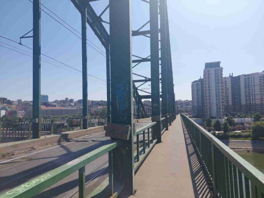 Walking across the Old Sava Bridge