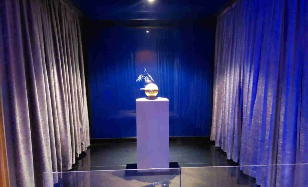 Gilded urn with Nikola Tesla's ashes displayed in the museum